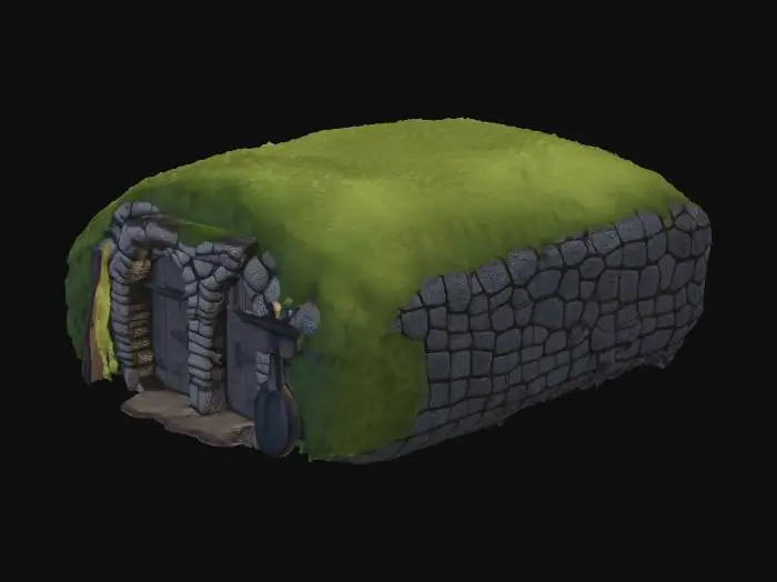 3D model for Stone cellar doors leading underground, built into a grassy hill, rustic rural farm setup, weathered red barn wood, agricultural tools, realistic game asset, 4k pbr