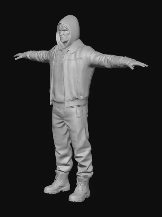 3D model for A full-body, ultra-detailed, realistic gangster character, intimidating and creepy appearance, street thug style, male human.
Scarred face, cold aggressive stare, sharp facial features, slightly unshaven beard, dark eye circles, menacing expression.
Wearing dark oversized hoodie, leather jacket, worn street pants, heavy boots, gritty urban style.
Muscular but lean body, realistic human proportions.
Standing in neutral A-pose, arms slightly away from the body, legs shoulder-width apart.
Front-facing view, symmetrical body.
Plain dark gray background, no environment.
Soft studio lighting, evenly lit, no harsh shadows.
Highly detailed skin texture, visible pores, wrinkles, scars.
Photorealistic, 4K quality, sharp focus, cinematic realism.
Designed for 3D character modeling, clean silhouette.