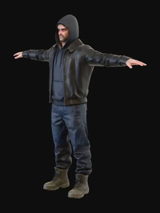 3D model for A full-body, ultra-detailed, realistic gangster character, intimidating and creepy appearance, street thug style, male human.
Scarred face, cold aggressive stare, sharp facial features, slightly unshaven beard, dark eye circles, menacing expression.
Wearing dark oversized hoodie, leather jacket, worn street pants, heavy boots, gritty urban style.
Muscular but lean body, realistic human proportions.
Standing in neutral A-pose, arms slightly away from the body, legs shoulder-width apart.
Front-facing view, symmetrical body.
Plain dark gray background, no environment.
Soft studio lighting, evenly lit, no harsh shadows.
Highly detailed skin texture, visible pores, wrinkles, scars.
Photorealistic, 4K quality, sharp focus, cinematic realism.
Designed for 3D character modeling, clean silhouette.