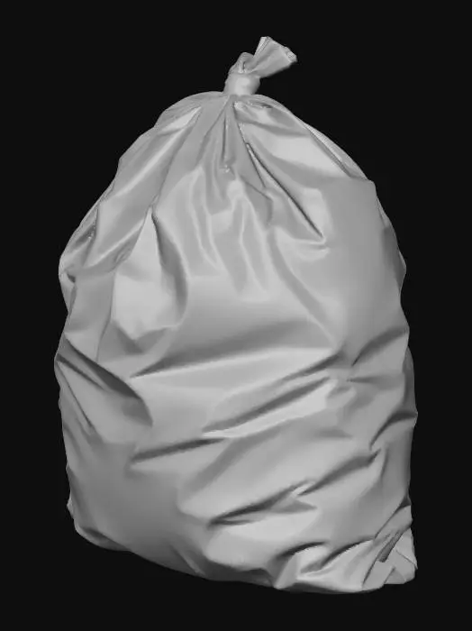 3D model for Black plastic trash bag, filled and heavy, shiny plastic texture, wrinkles and folds, tied knot at top, realistic garbage prop