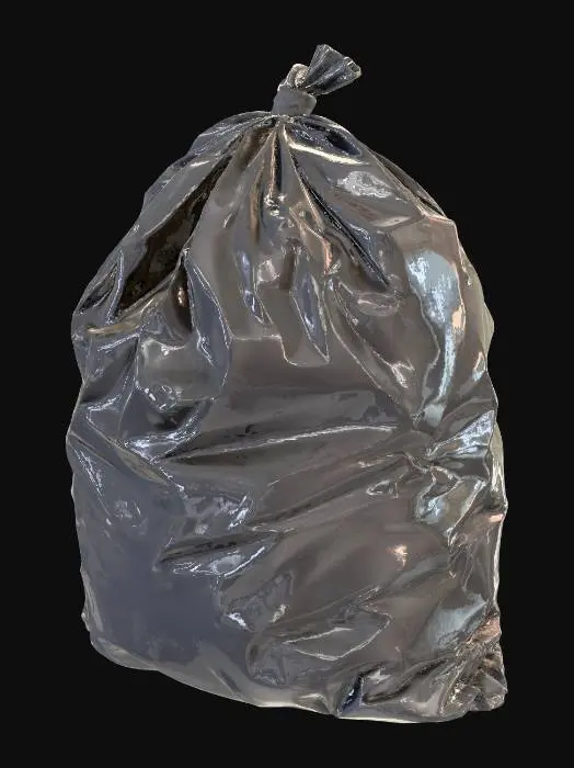 3D model for Black plastic trash bag, filled and heavy, shiny plastic texture, wrinkles and folds, tied knot at top, realistic garbage prop