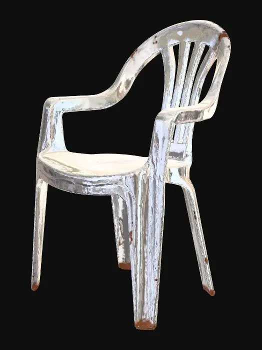 3D model for Broken white plastic chair, missing one leg, cracked backrest, dirty and weathered, discarded furniture, realistic