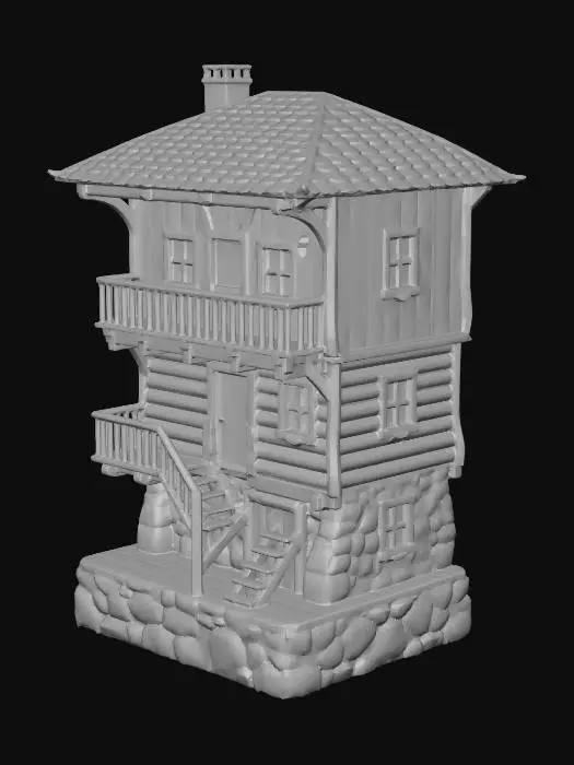 3D model for Two-story wooden house, balcony on the second floor, stone base, wooden stairs outside
, rustic wooden village style, weathered timber texture, medieval rural architecture, mossy stone foundation, realistic game asset, 4k pbr texture, neutral lighting