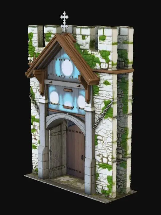 3D model for Segment of a thick old stone defensive wall with a large wooden gate archway

, historic stone architecture, mossy ancient stone walls, terracotta tiled roofs, cobblestone textures, medieval European town vibe, ironwork details, realistic game asset, 4k pbr textures