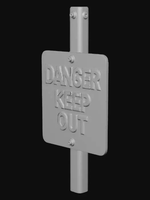3D model for Warning sign "DANGER - KEEP OUT" weathered and faded

, derelict industrial style, red brick walls, heavily rusted corrugated metal roofs, broken glass windows, oil stains on concrete floors, overgrown with vines, post-apocalyptic vibe, game asset