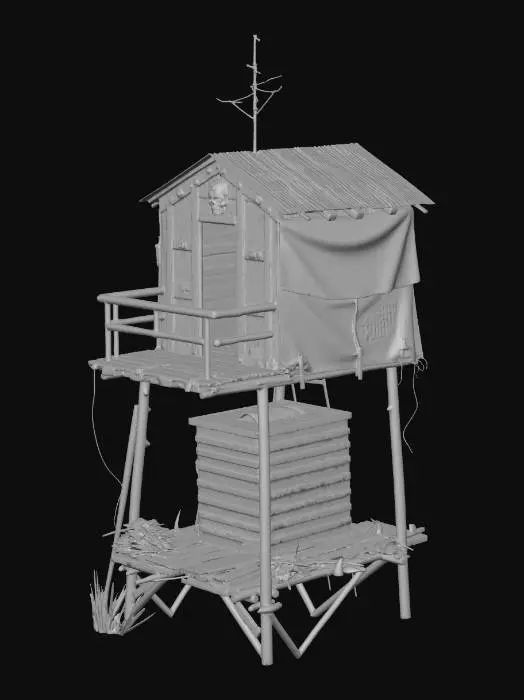 3D model for Two-story shanty structure, more fortified with scrap metal plates, a small lookout balcony on top, skull decorations

, shanty town style, patchwork materials (rusty metal sheets, old tarp, mismatched wood planks), built on stilts over swampy ground, muddy textures, overgrown reeds, survivalist aesthetic, game asset