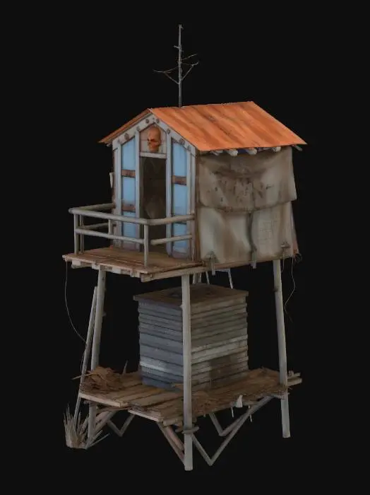 3D model for Two-story shanty structure, more fortified with scrap metal plates, a small lookout balcony on top, skull decorations

, shanty town style, patchwork materials (rusty metal sheets, old tarp, mismatched wood planks), built on stilts over swampy ground, muddy textures, overgrown reeds, survivalist aesthetic, game asset