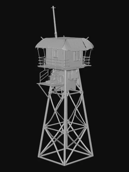 3D model for Tall, shaky lookout tower made of tied wooden poles and scrap platforms, ladder to the top nest

, shanty town style, patchwork materials (rusty metal sheets, old tarp, mismatched wood planks), built on stilts over swampy ground, muddy textures, overgrown reeds, survivalist aesthetic, game asset