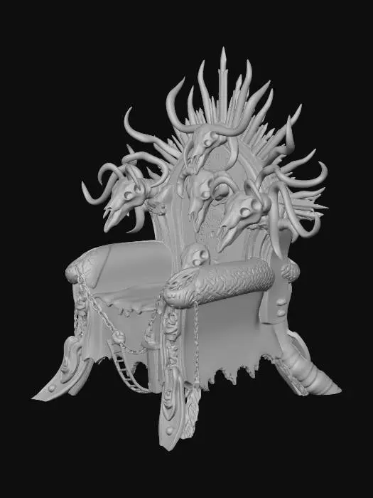 3D model for Scrap metal throne for a gang leader, decorated with animal skulls, shanty town style, patchwork materials, built on stilts over swamp, muddy textures, survivalist aesthetic, 4k pbr