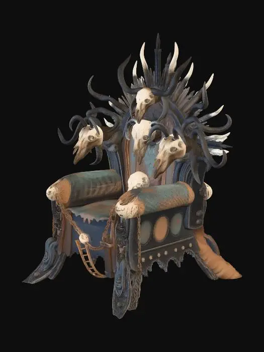 3D model for Scrap metal throne for a gang leader, decorated with animal skulls, shanty town style, patchwork materials, built on stilts over swamp, muddy textures, survivalist aesthetic, 4k pbr