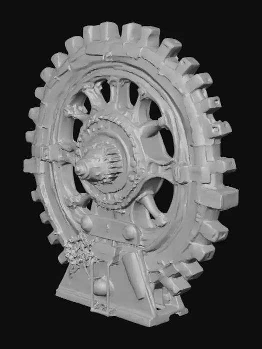 3D model for Giant rusted gear assembly monument, derelict industrial style, red brick walls, heavily rusted corrugated metal roofs, broken glass windows, oil stains on concrete floors, overgrown with vines, post-apocalyptic vibe, game asset