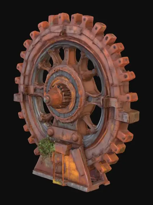 3D model for Giant rusted gear assembly monument, derelict industrial style, red brick walls, heavily rusted corrugated metal roofs, broken glass windows, oil stains on concrete floors, overgrown with vines, post-apocalyptic vibe, game asset