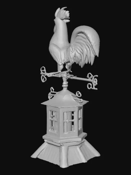 3D model for Weather vane shaped like a rooster on top of a cupola, rustic rural farm setup, weathered red barn wood, agricultural tools, realistic game asset, 4k pbr
