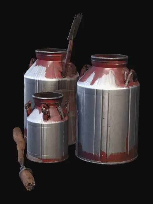 3D model for Large steel milk cans, dented and empty, rustic rural farm setup, weathered red barn wood, agricultural tools, realistic game asset, 4k pbr