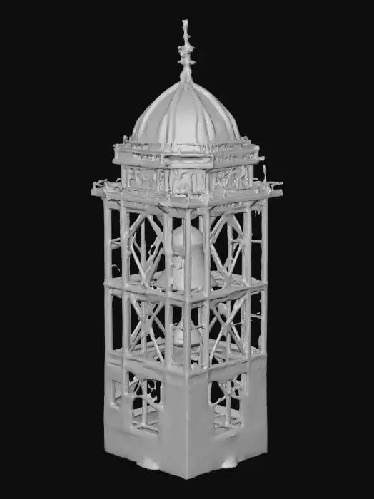 3D model for Massive iron bell tower structure, historic stone architecture, mossy ancient stone walls, terracotta tiled roofs, cobblestone textures, medieval European town vibe, ironwork details, realistic game asset, 4k pbr textures