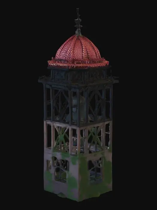 3D model for Massive iron bell tower structure, historic stone architecture, mossy ancient stone walls, terracotta tiled roofs, cobblestone textures, medieval European town vibe, ironwork details, realistic game asset, 4k pbr textures