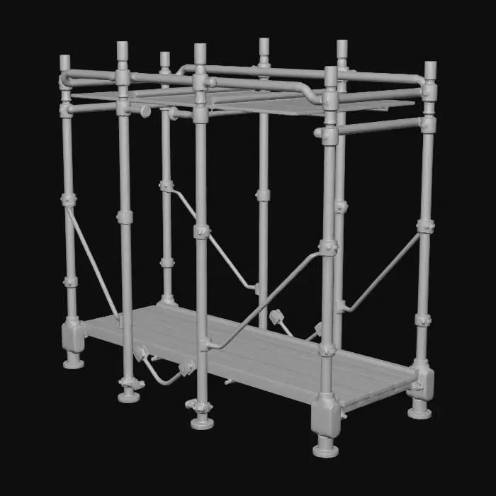3D model for Metal construction scaffolding frame, rusty steel pipes, wooden plank walkway, paint splatters on wood, industrial construction prop, realistic texture