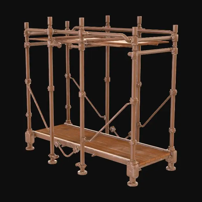3D model for Metal construction scaffolding frame, rusty steel pipes, wooden plank walkway, paint splatters on wood, industrial construction prop, realistic texture