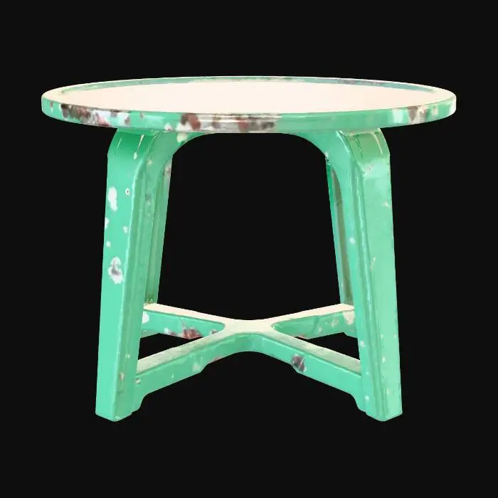 3D model for Damaged plastic patio table, green color, sun bleached, scratches and stains, bent legs, urban debris