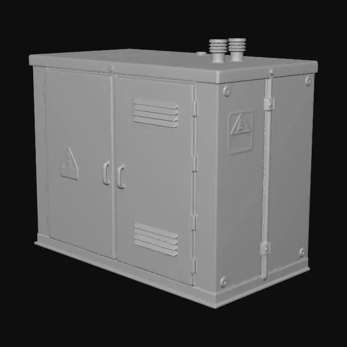 3D model for Metal electrical utility box, industrial grey, rust stains, danger high voltage sticker, dirty metal texture, street furniture