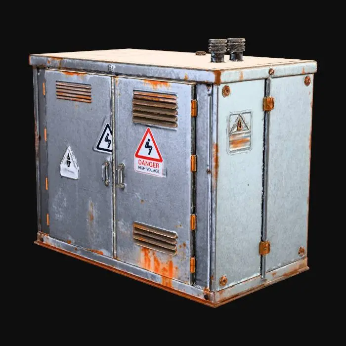 3D model for Metal electrical utility box, industrial grey, rust stains, danger high voltage sticker, dirty metal texture, street furniture