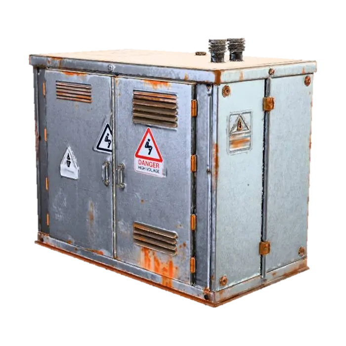 Metal electrical utility box, industrial grey, rust stains, danger high voltage… 3D model, vytvořený pomocí AI