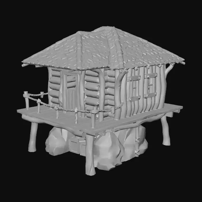 3D model for Wooden house raised on stilts, wooden platform underneath, rope details
, rustic wooden village style, weathered timber texture, medieval rural architecture, mossy stone foundation, realistic game asset, 4k pbr texture, neutral lighting