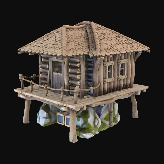 3D model for Wooden house raised on stilts, wooden platform underneath, rope details
, rustic wooden village style, weathered timber texture, medieval rural architecture, mossy stone foundation, realistic game asset, 4k pbr texture, neutral lighting