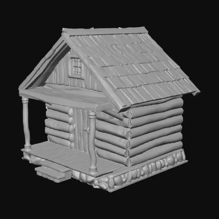 3D model for Small wooden fisherman hut with a slanted thatched roof, wooden porch, single door
, rustic wooden village style, weathered timber texture, medieval rural architecture, mossy stone foundation, realistic game asset, 4k pbr texture, neutral lighting