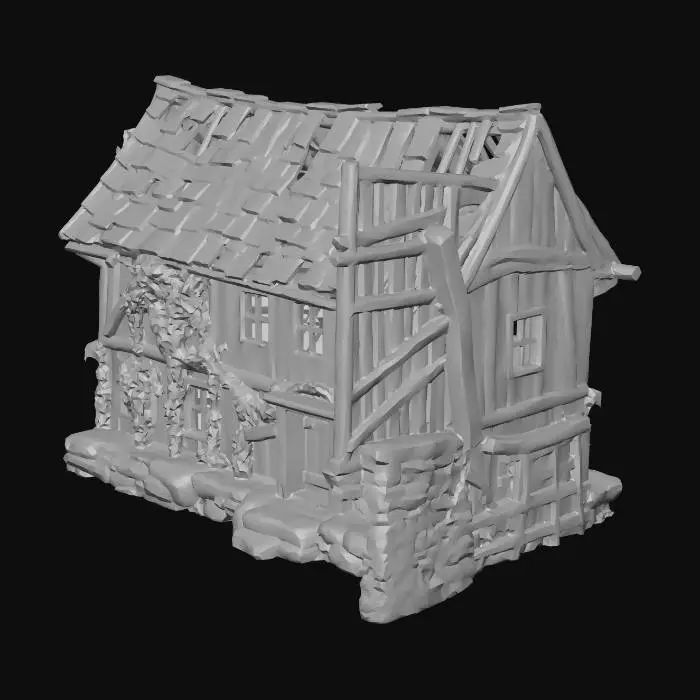 3D model for Ruined wooden house, broken roof tiles, missing planks, overgrown with vines
, rustic wooden village style, weathered timber texture, medieval rural architecture, mossy stone foundation, realistic game asset, 4k pbr texture, neutral lighting
