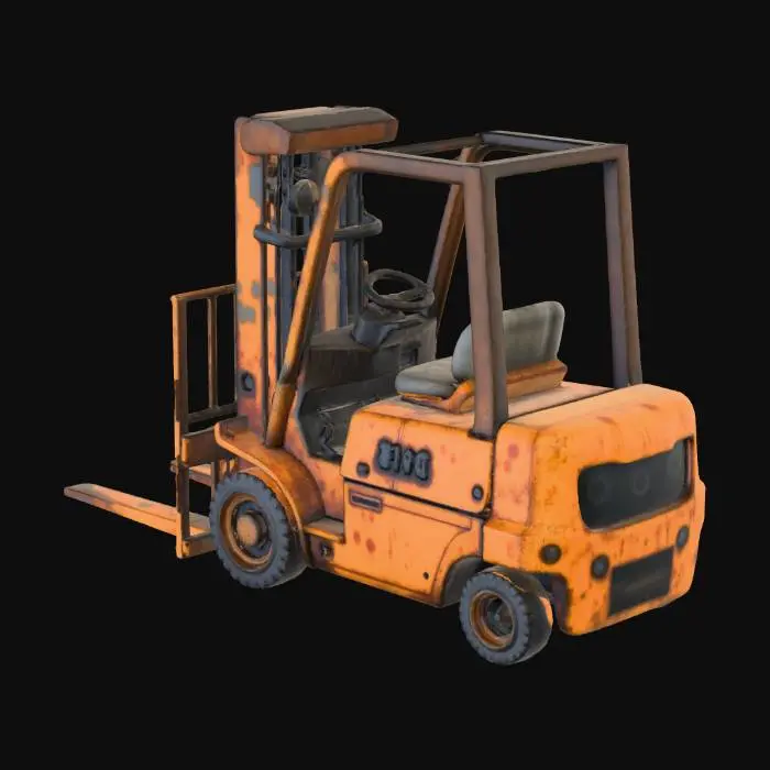 3D model for Abandoned forklift vehicle, rusted and broken down

, derelict industrial style, red brick walls, heavily rusted corrugated metal roofs, broken glass windows, oil stains on concrete floors, overgrown with vines, post-apocalyptic vibe, game asset