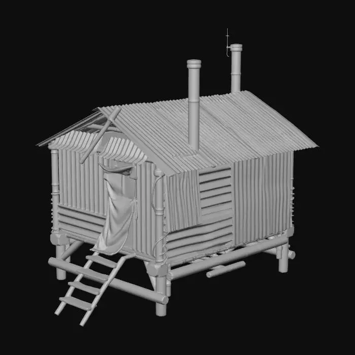 3D model for Small shack made entirely of rusty corrugated metal sheets patchwork, crooked chimney pipe, cloth doorway cover

, shanty town style, patchwork materials (rusty metal sheets, old tarp, mismatched wood planks), built on stilts over swampy ground, muddy textures, overgrown reeds, survivalist aesthetic, game asset