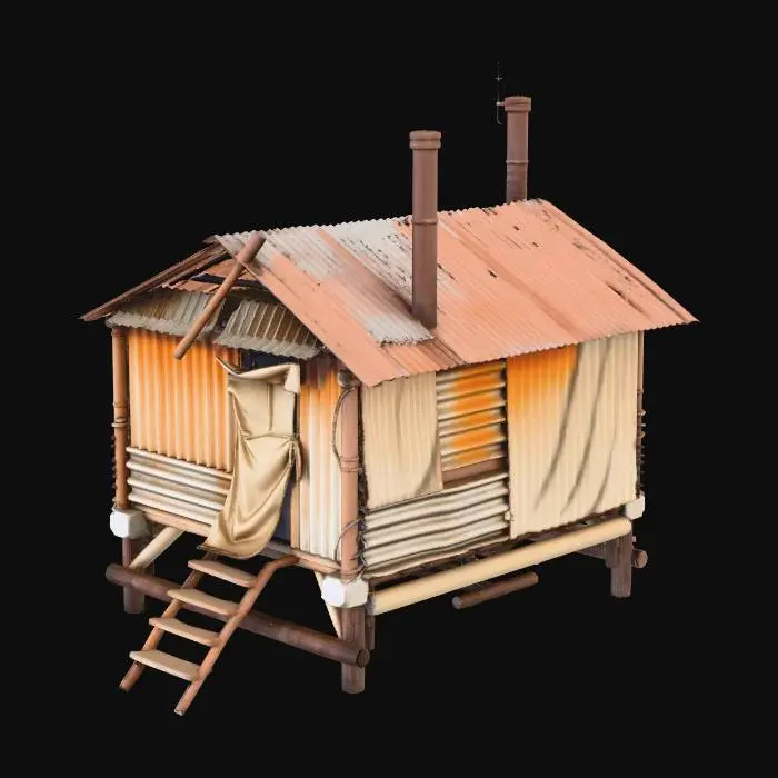 3D model for Small shack made entirely of rusty corrugated metal sheets patchwork, crooked chimney pipe, cloth doorway cover

, shanty town style, patchwork materials (rusty metal sheets, old tarp, mismatched wood planks), built on stilts over swampy ground, muddy textures, overgrown reeds, survivalist aesthetic, game asset