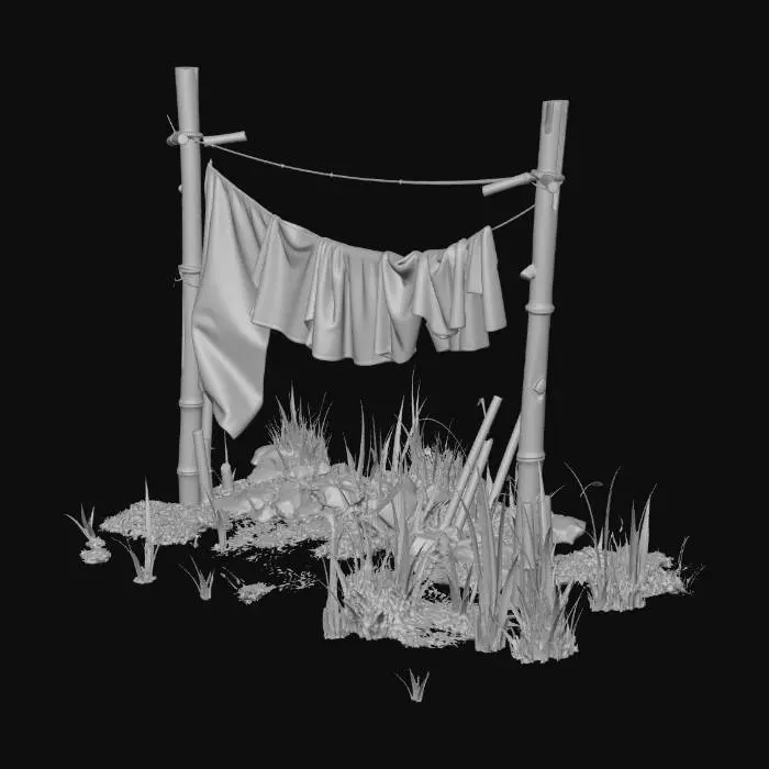 3D model for Clothesline with ragged clothes hanging between two poles

, shanty town style, patchwork materials (rusty metal sheets, old tarp, mismatched wood planks), built on stilts over swampy ground, muddy textures, overgrown reeds, survivalist aesthetic, game asset