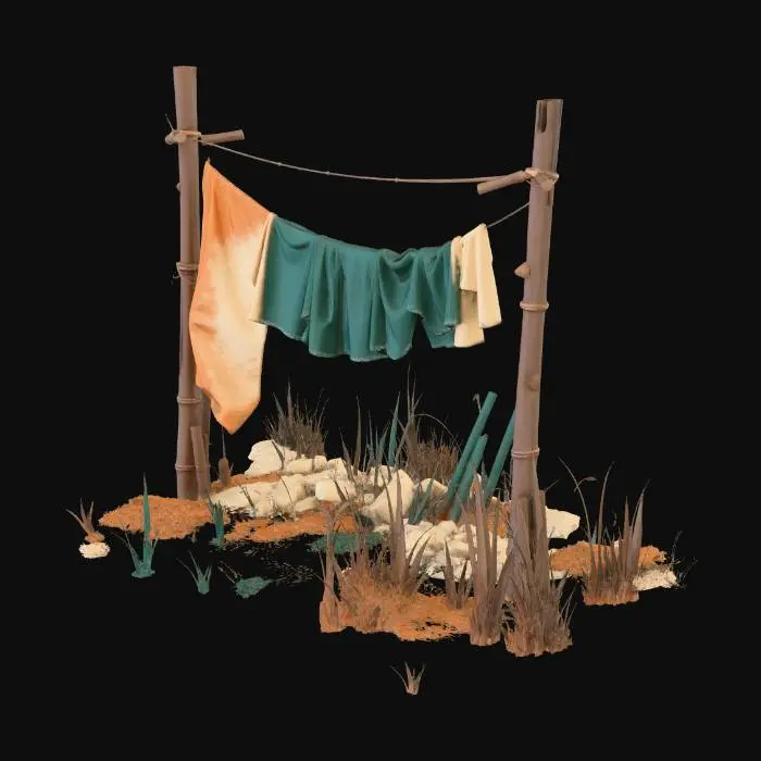 3D model for Clothesline with ragged clothes hanging between two poles

, shanty town style, patchwork materials (rusty metal sheets, old tarp, mismatched wood planks), built on stilts over swampy ground, muddy textures, overgrown reeds, survivalist aesthetic, game asset