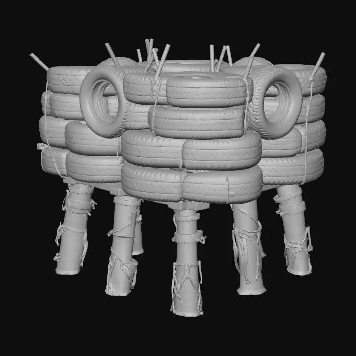 3D model for Barricade made of tied-up muddy rubber tires, shanty town style, patchwork materials, built on stilts over swamp, muddy textures, overgrown reeds, survivalist aesthetic, 4k pbr