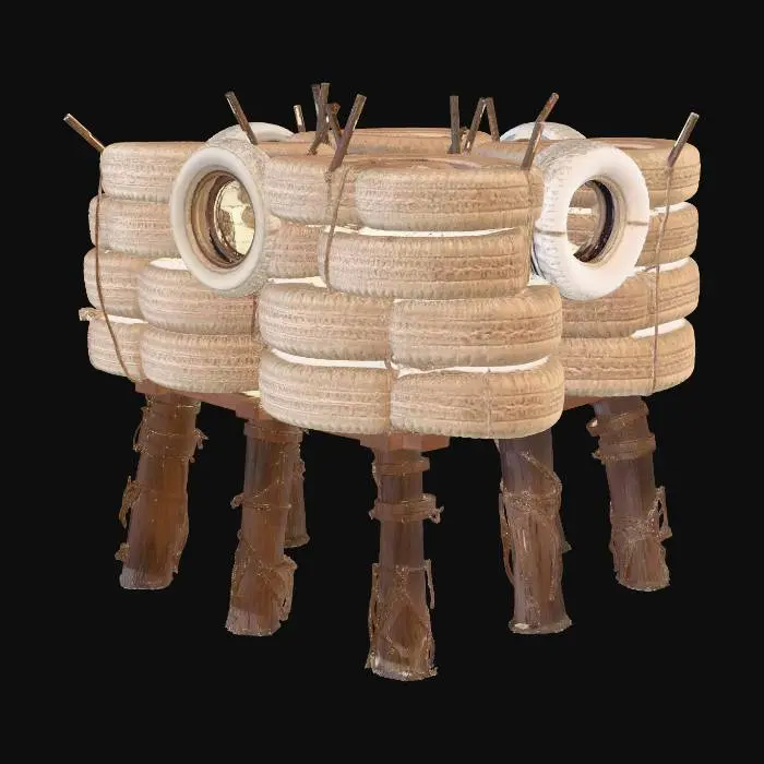 3D model for Barricade made of tied-up muddy rubber tires, shanty town style, patchwork materials, built on stilts over swamp, muddy textures, overgrown reeds, survivalist aesthetic, 4k pbr