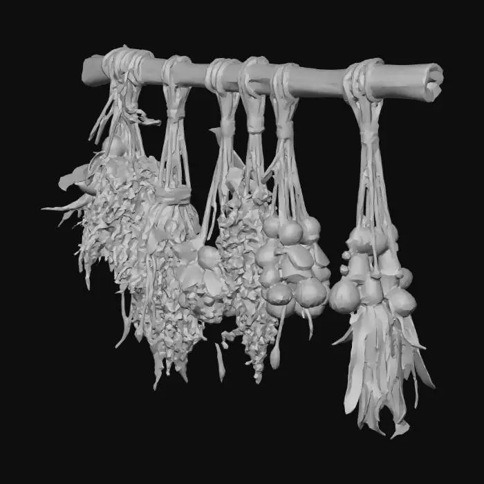 3D model for Hanging bundles of dried herbs and voodoo charms, shanty town style, patchwork materials, built on stilts over swamp, muddy textures, survivalist aesthetic, 4k pbr