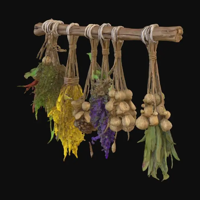 3D model for Hanging bundles of dried herbs and voodoo charms, shanty town style, patchwork materials, built on stilts over swamp, muddy textures, survivalist aesthetic, 4k pbr
