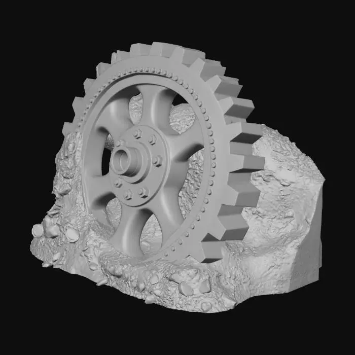 3D model for Massive rusty cogwheel half-buried in oily dirt, derelict industrial style, red brick walls, heavily rusted metal, broken glass, post-apocalyptic vibe, 4k pbr