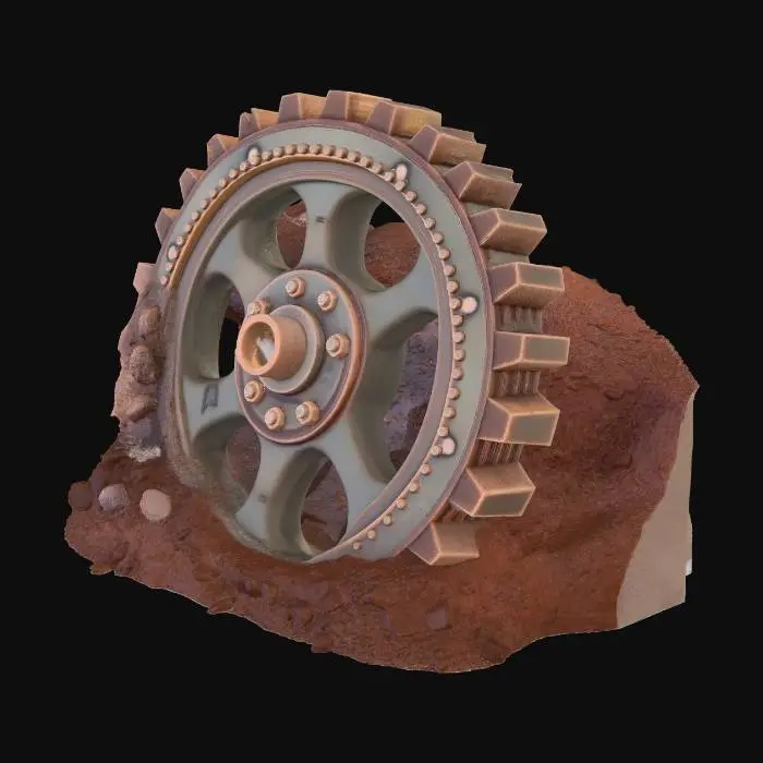 3D model for Massive rusty cogwheel half-buried in oily dirt, derelict industrial style, red brick walls, heavily rusted metal, broken glass, post-apocalyptic vibe, 4k pbr