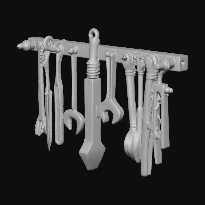 3D model for Iron branding tools hanging on a wooden wall, rustic rural farm setup, weathered red barn wood, agricultural tools, realistic game asset, 4k pbr