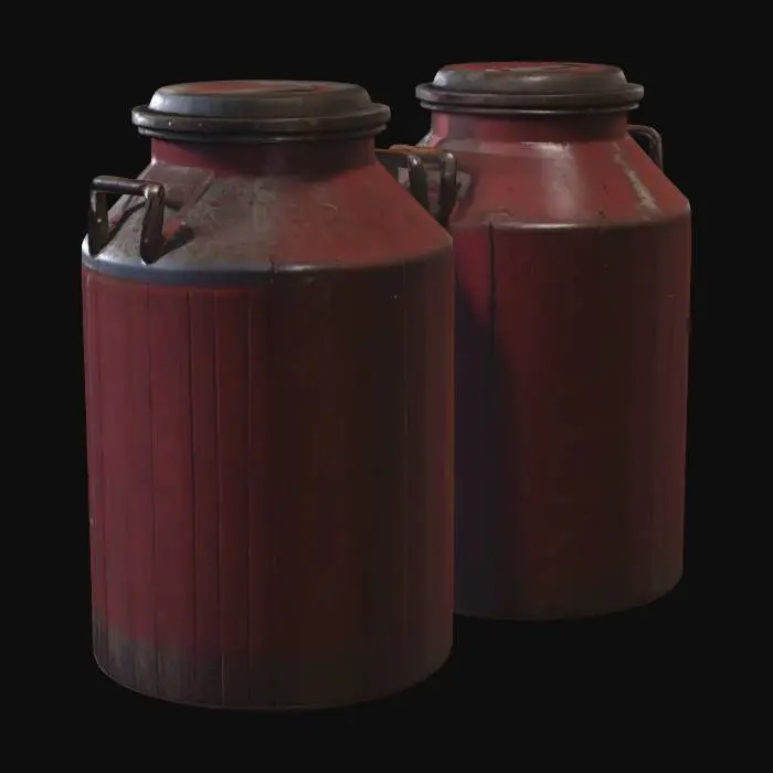 3D model for Large steel milk cans, dented and empty, rustic rural farm setup, weathered red barn wood, agricultural tools, realistic game asset, 4k pbr