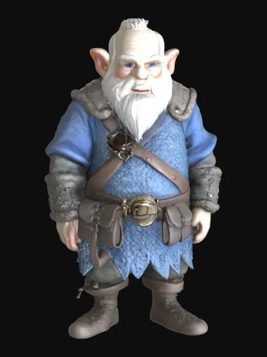 3D model for An older male gnome, with a slight hunch to his sturdy build, features a partially bald head framed by thinning white hair. His weathered face is adorned with a neatly trimmed white goatee, complementing his short but wide nose. Bright blue eyes, intelligent and keen, peer from above fine wrinkles. He wears a meticulously crafted blue chainmail shirt, its small, interlocking rings appearing cool and metallic. The texture of the chainmail is intricate, feeling both robust and flexible, conforming to his compact form.