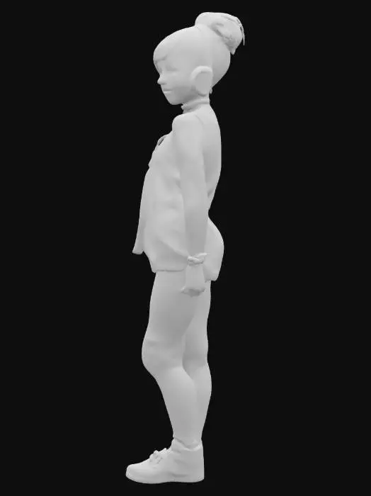 3D model for A young, beautiful female gamer with a slim, fit, and voluptuous physique. Her smooth, youthful face is framed by brown hair with purple highlights, pulled up into a messy bun. Bright blue eyes twinkle above a flirty smirk. She wears a prominent blue gamer headset over her ears. Her attire consists of tight black yoga pants, a form-fitting purple and blue camouflage tank top, and a pair of black, purple, and blue skater shoes.