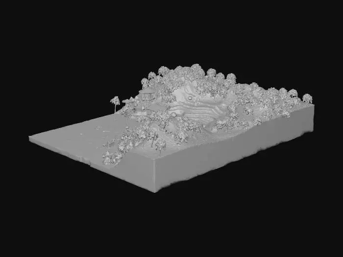 3D model for A 3D terrain model combining Goa and Meghalaya landscapes in one piece — natural uneven ground base with medium detail suitable for FDM 3D printing. The left side represents Goa with small traditional beach huts having conical roofs, and several tropical trees with leafy canopies. The right side represents Meghalaya with layered rice terraces, hilly terrain, and a few elevated huts surrounded by lush greenery. The whole model should be a single solid mesh with a flat bottom for easy 3D printing, around 250mm x 200mm proportions, moderate polygon count, and natural flowing terrain transitions between regions.