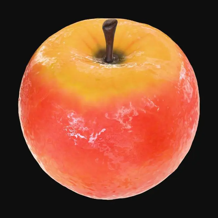 3D model for A ripe, spherical fruit with a slightly irregular, dimpled surface and a vibrant, smooth skin that transitions from sunny yellow to a blush of crimson. Its firm, plump form suggests a juicy interior, with a subtly waxy feel to the touch. A small, dark stem fragment might be visible at one pole, contrasting with the fruit's overall bright and appealing coloration.