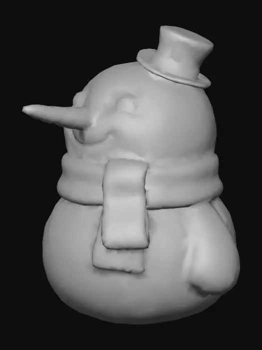 3D model for Create a cute cartoon snowman with round rosy cheeks, a bright red scarf around a tall carrot nose, a little top hat on its head, and big smiling eyes.