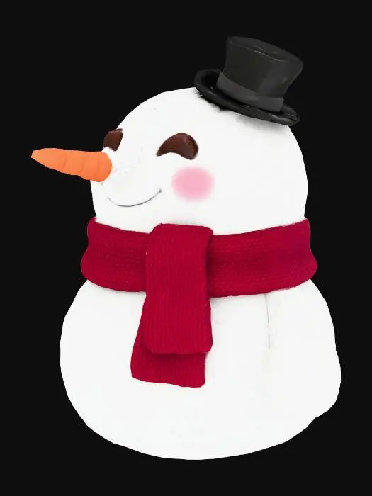 3D model for Create a cute cartoon snowman with round rosy cheeks, a bright red scarf around a tall carrot nose, a little top hat on its head, and big smiling eyes.