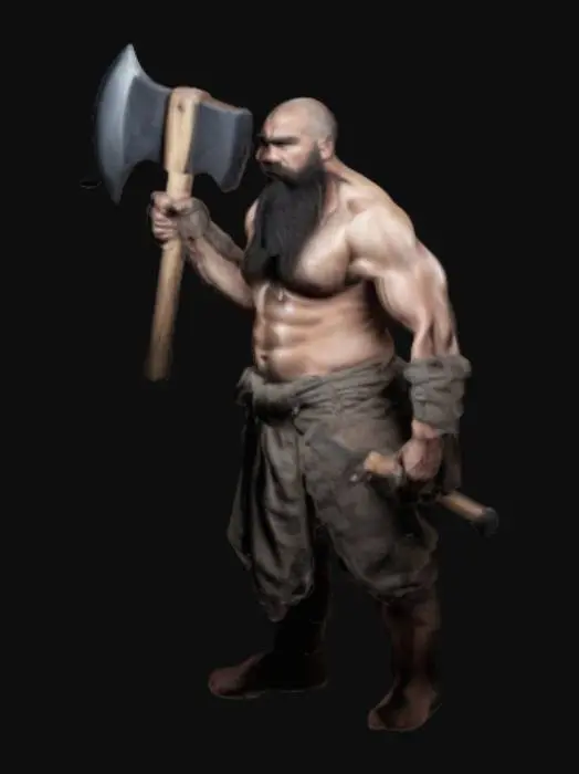 3D model for a muscular  man male very long hieght clean head long beard mark of  cut on body and face have axe on hand wearing dangeoures  looking cloth